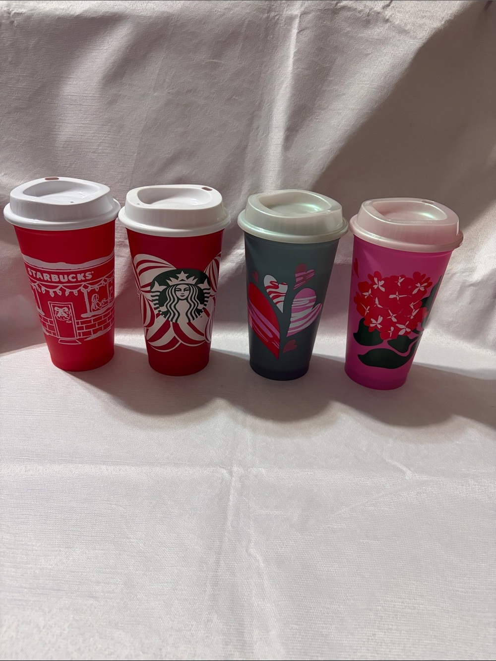 Starbucks Red, Gray, Pink Floral & Heart Reusable Travel Cups
